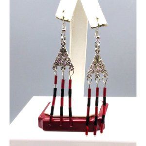Glass Beads Fringe Earrings, Red and Black Tube Beads Skim from Silver Tone